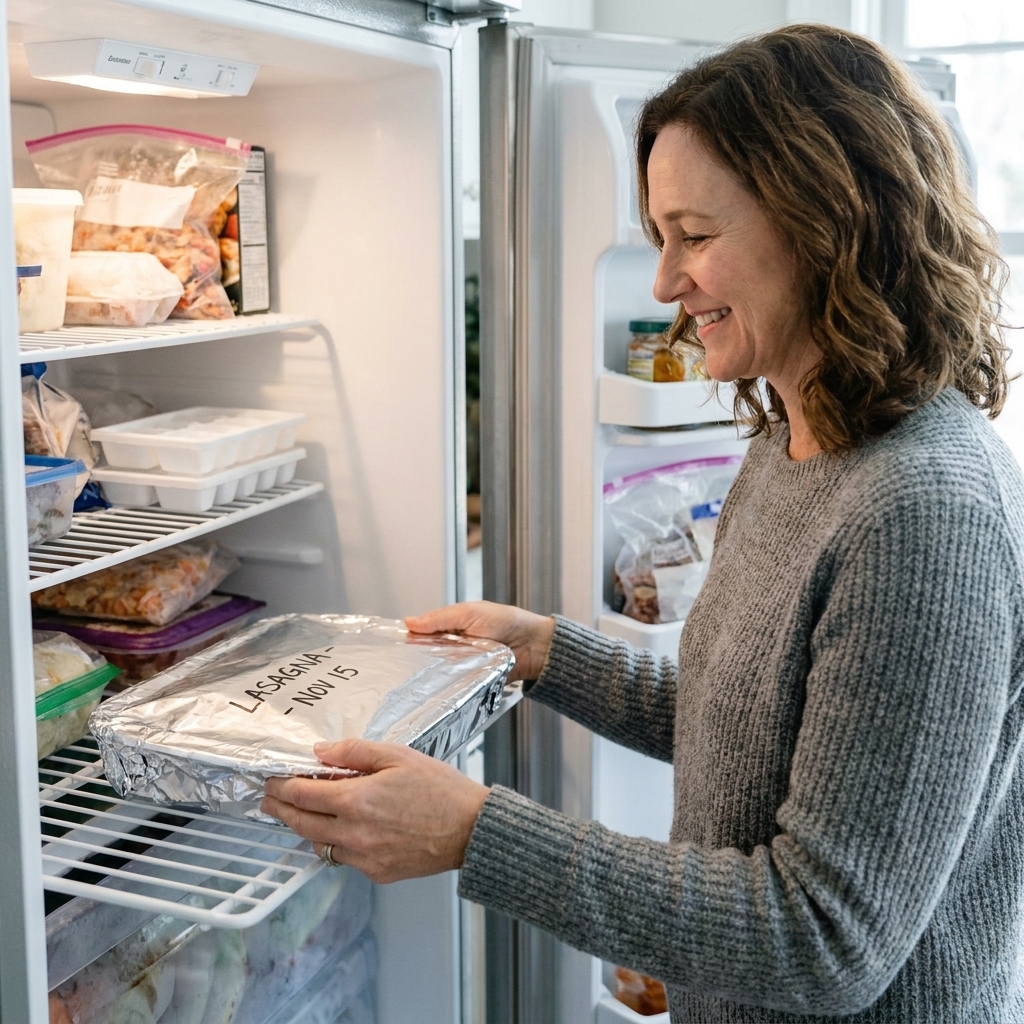 A fully foil-wrapped 9x13 casserole labeled with a marker being placed flat on a freezer shelf