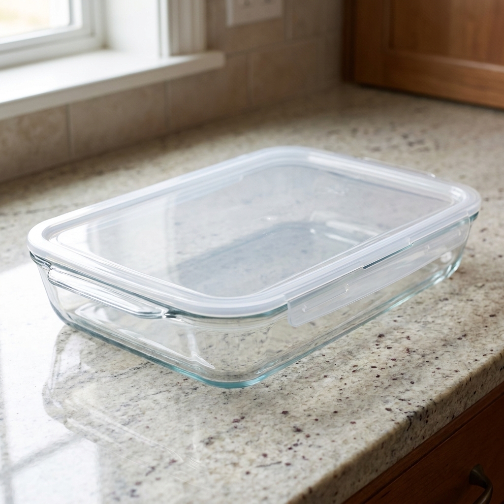 A glass 9x13 baking dish on a countertop with a clear snap-on lid secured tightly around the edges