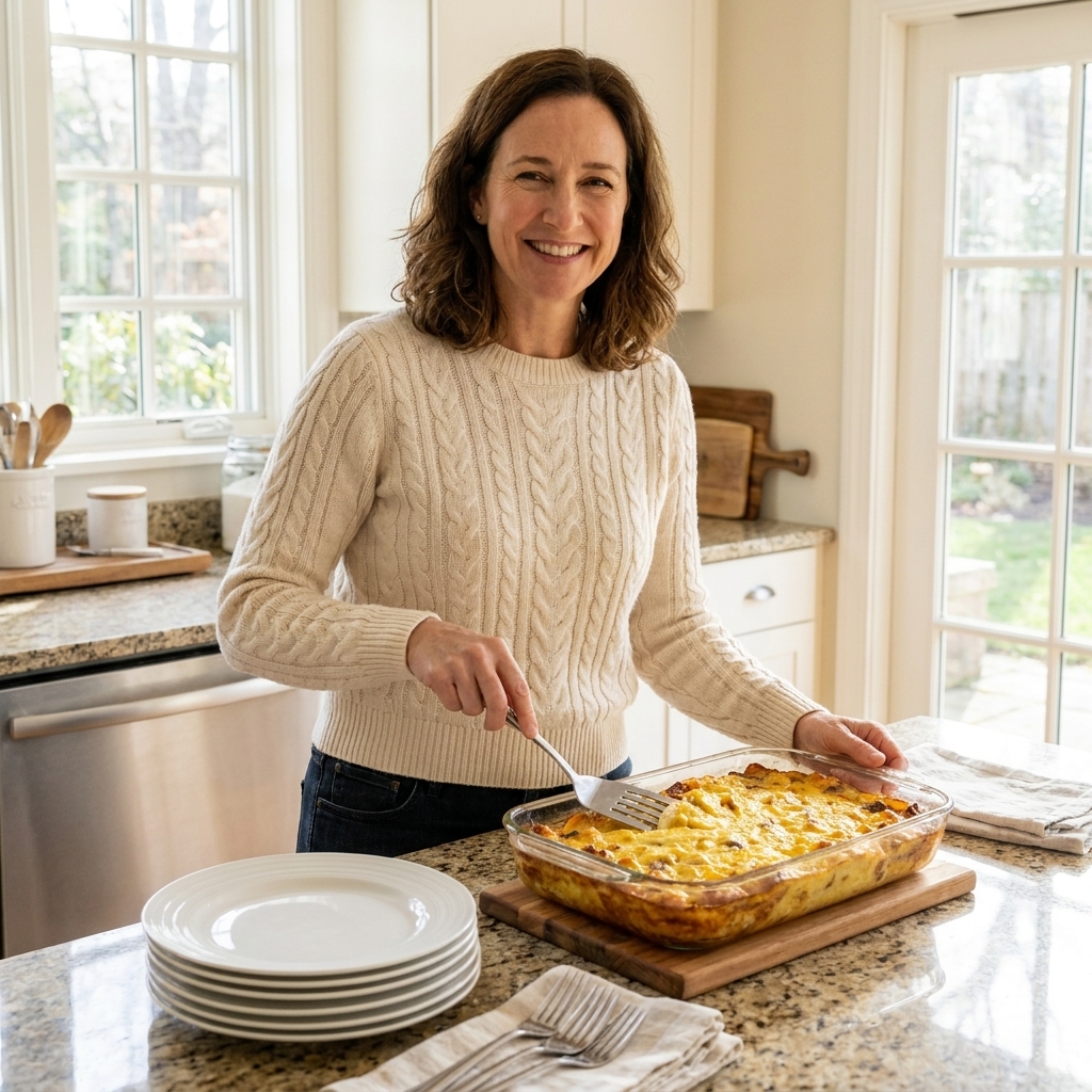 A golden baked breakfast strata in a glass 9x13 dish on a kitchen counter with a serving spatula and plates ready for guests