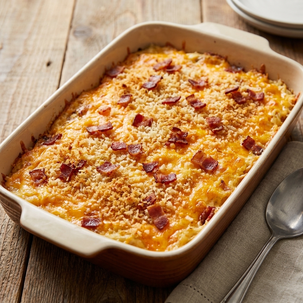 A golden baked casserole in a 9x13 pan with bubbling cheddar cheese and a crisp breadcrumb topping, with bits of bacon visible