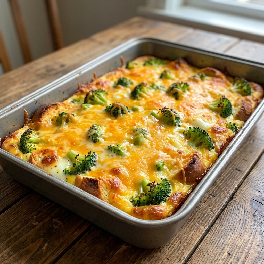A golden broccoli cheddar breakfast casserole in a metal pan, with broccoli florets peeking through a melted cheddar top
