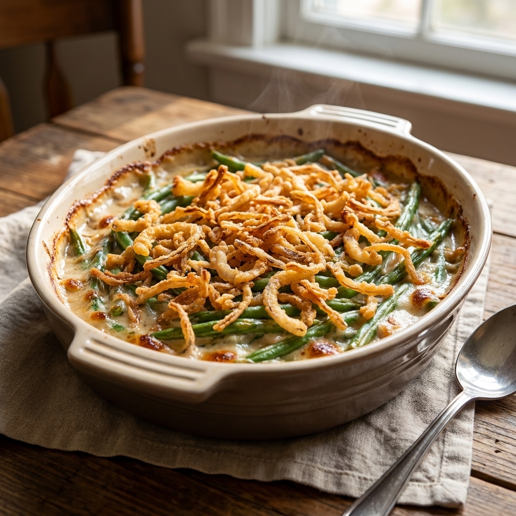 A green bean casserole fresh from the oven with crispy fried onions on top and creamy sauce bubbling around the edges
