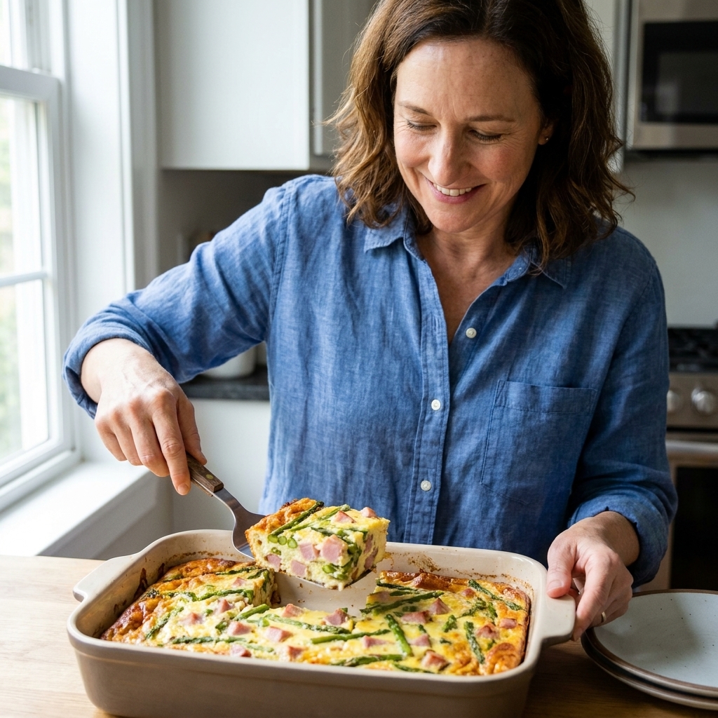 A ham and asparagus egg casserole with golden edges and visible asparagus pieces, served from a baking dish