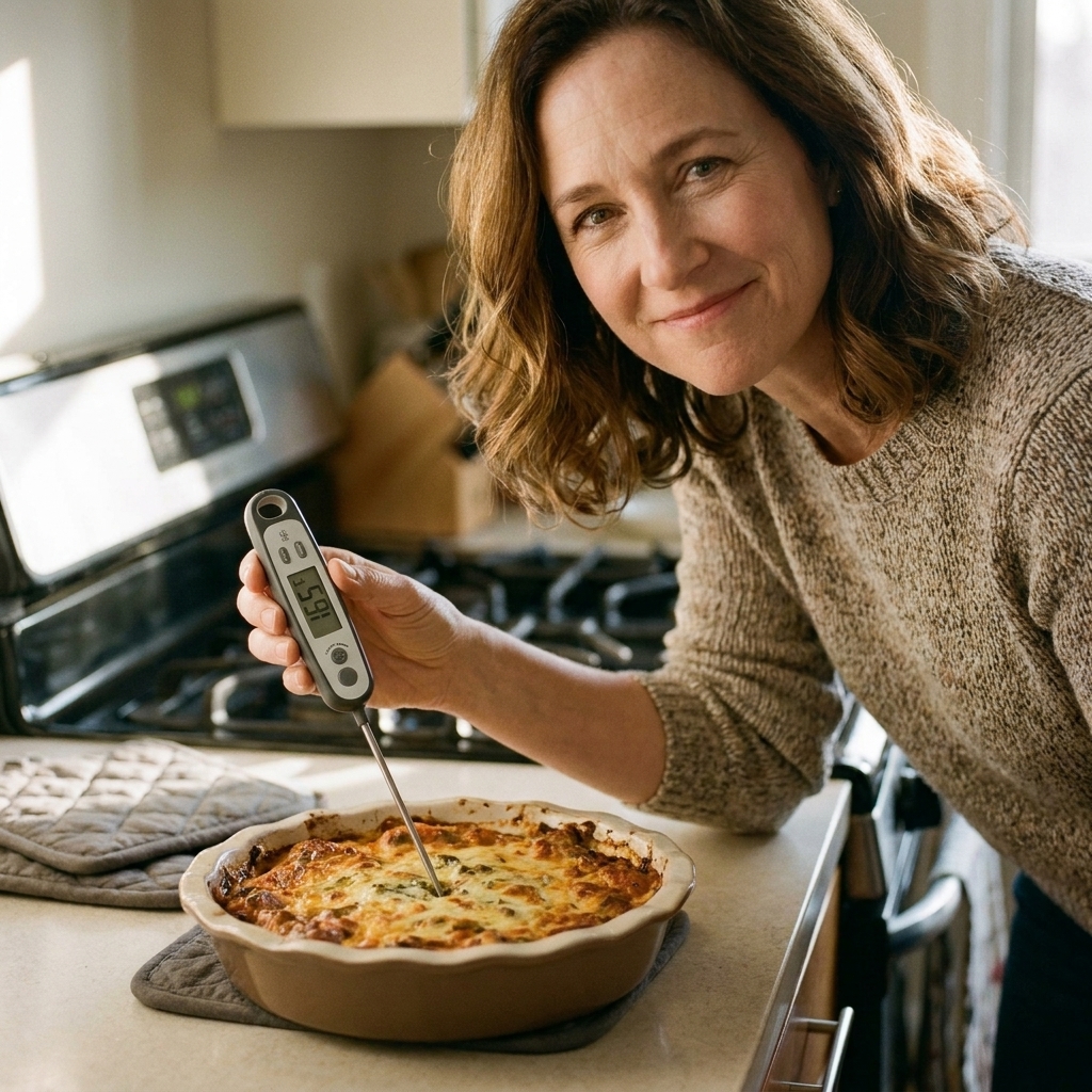 A hand holding an instant-read thermometer inserted into the center of a baked casserole to check the internal temperature
