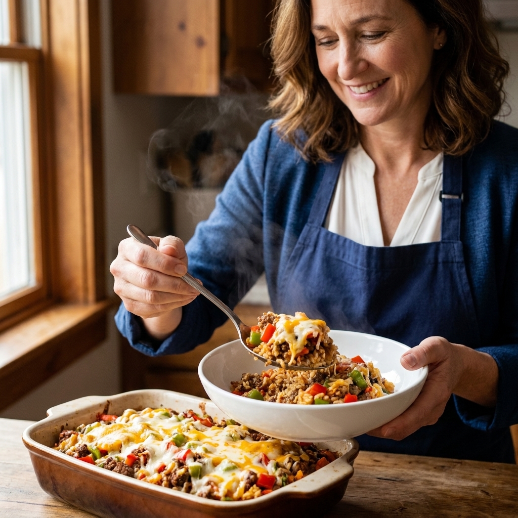 A hearty stuffed pepper casserole in a baking dish with chopped peppers, rice, ground beef, and melted cheese, spooned into a bowl