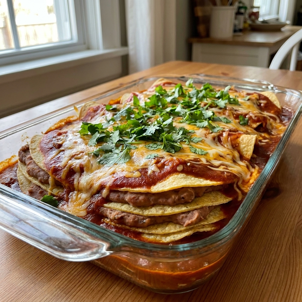 A layered bean enchilada casserole made with corn tortillas and red sauce in a glass baking dish, topped with chopped cilantro