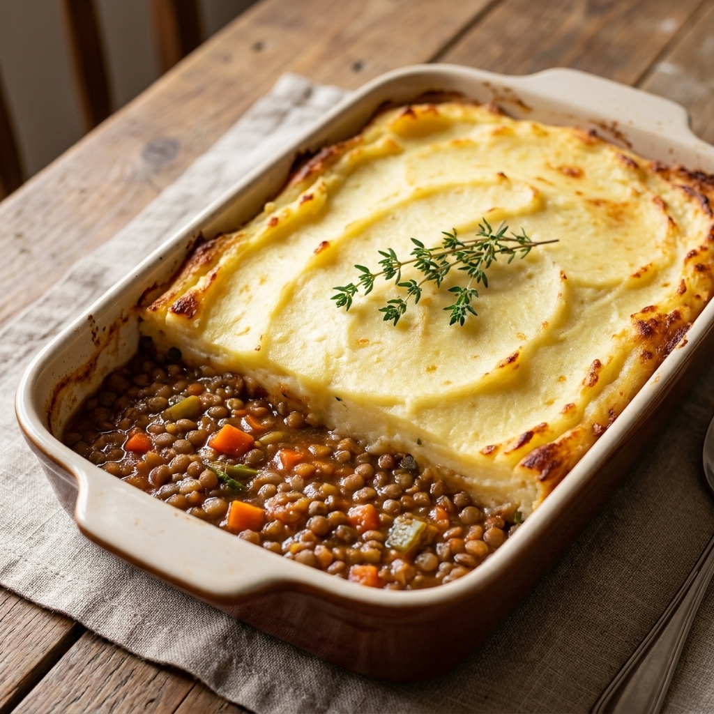 A lentil shepherd’s pie casserole with a smooth mashed potato topping browned at the edges in a rectangular baking dish