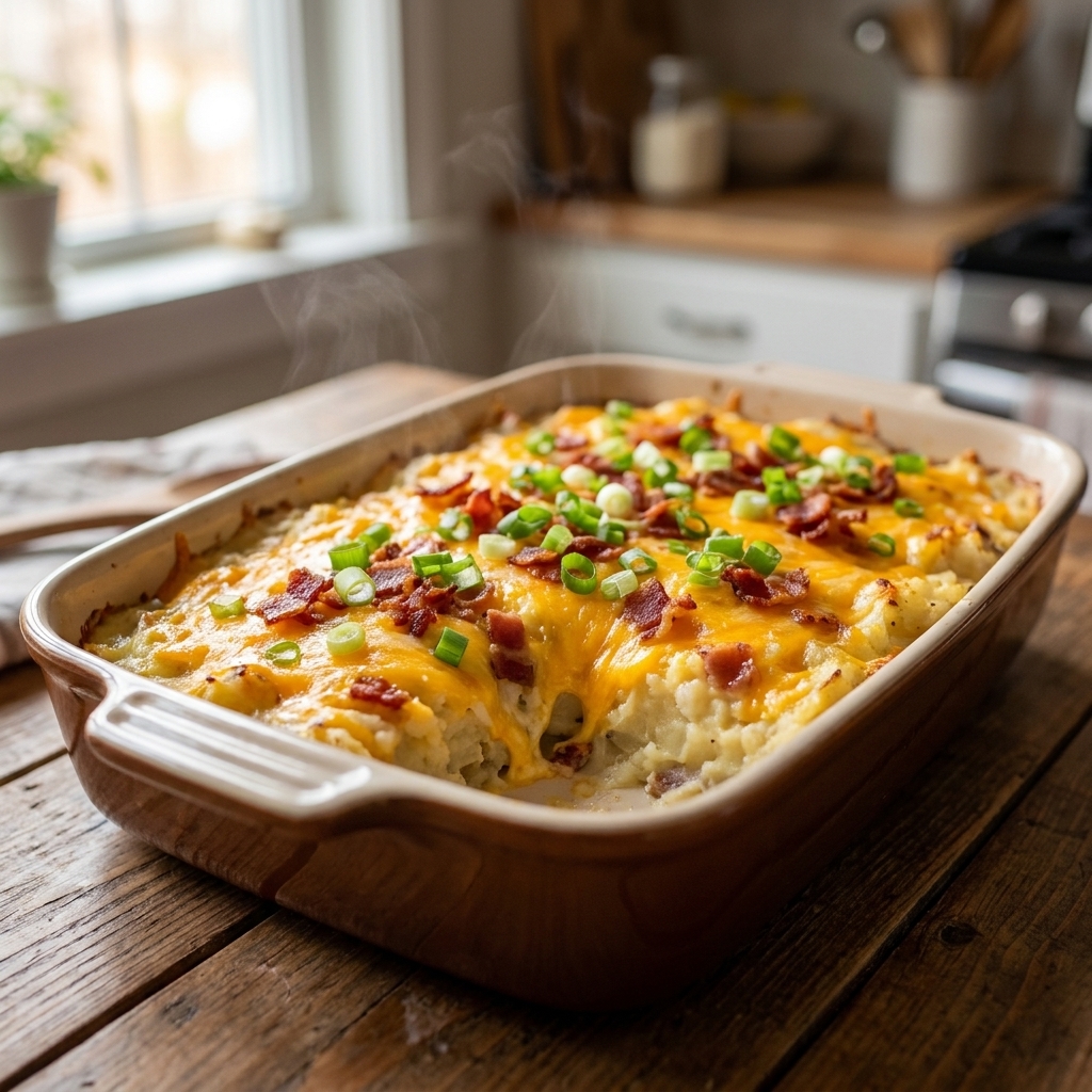 A loaded baked potato casserole topped with melted cheddar, bacon crumbles, and sliced green onions in a 9x13 pan