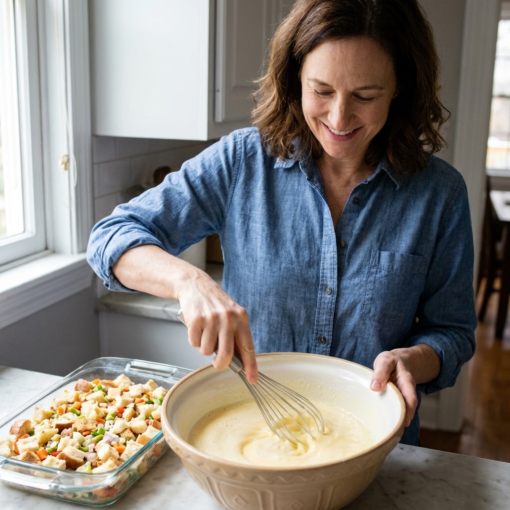 A mixing bowl with eggs and milk being whisked until smooth, ready to pour into a breakfast casserole