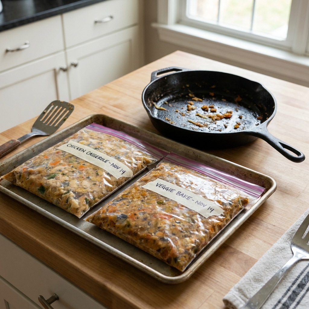 A pair of labeled freezer bags filled with cooled casserole filling lying flat on a baking sheet next to a skillet on a kitchen counter