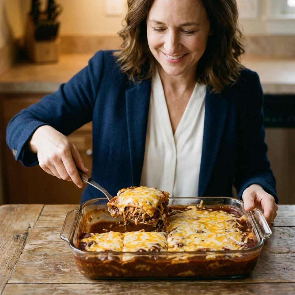 A pan of enchilada casserole with ground beef and melted cheese, cut into squares with sauce pooling slightly at the edges