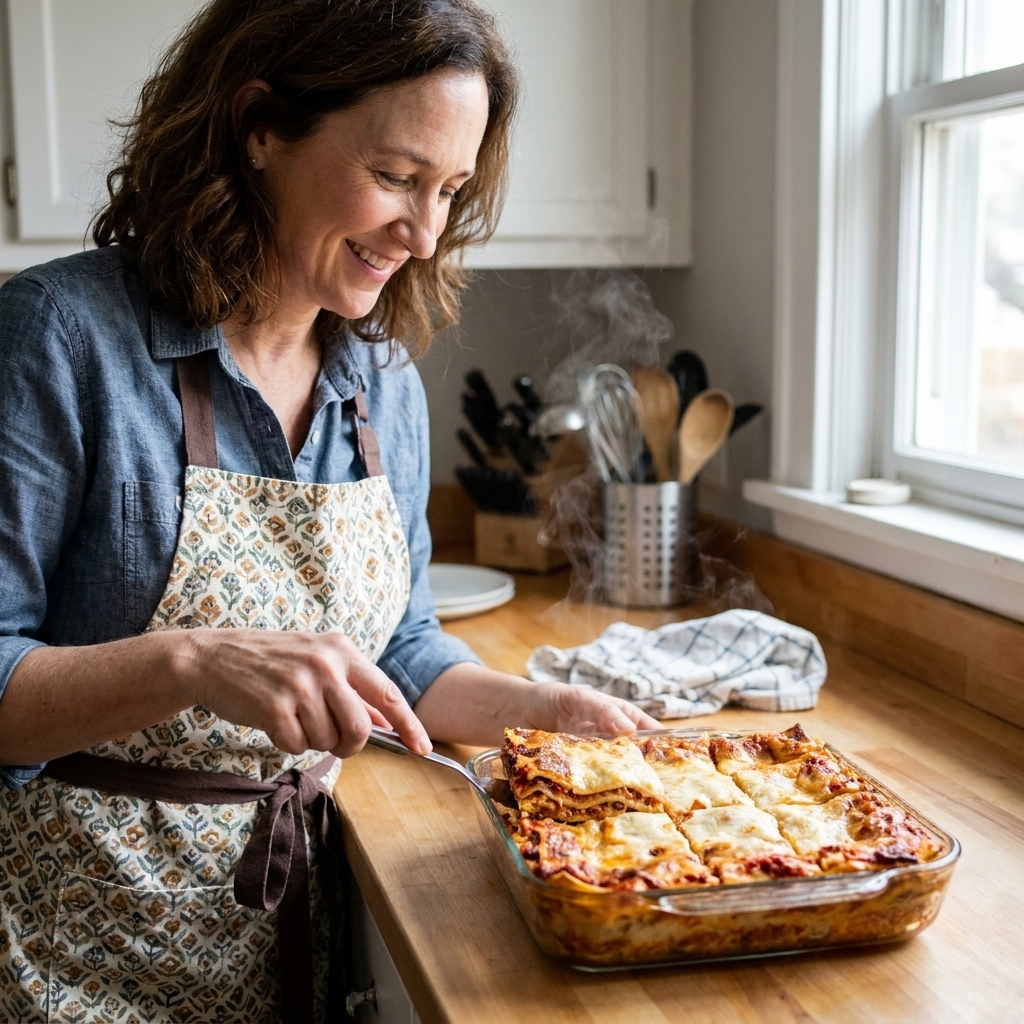 A pan of lasagna cut into even squares with a thin metal spatula sliding under one portion, steam lightly visible on a kitchen counter