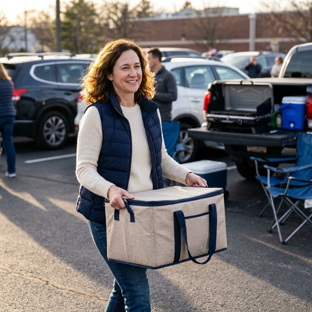 A person carrying a thick insulated food carrier with handles while walking through a parking lot toward a tailgate setup