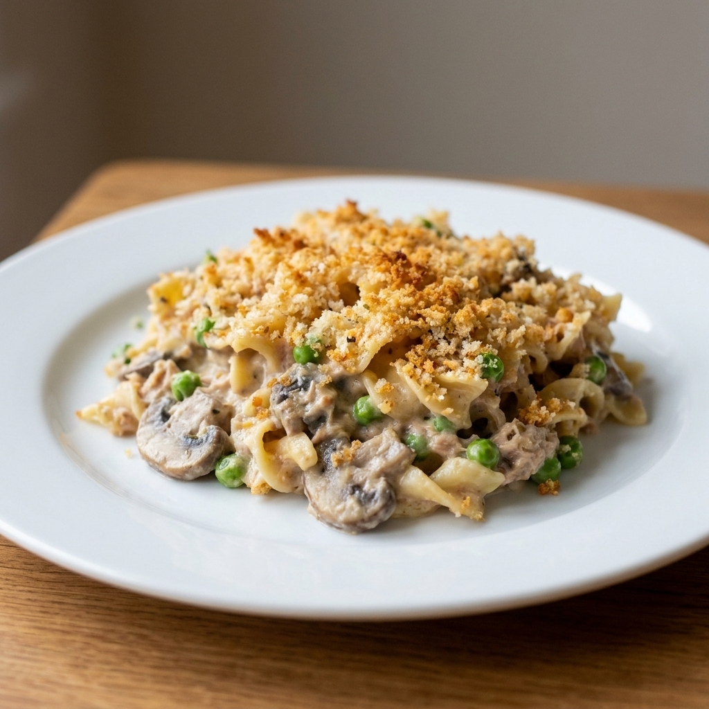 A plated serving of creamy tuna noodle casserole with mushrooms and peas, topped with crisp breadcrumbs, sitting on a simple dinner plate
