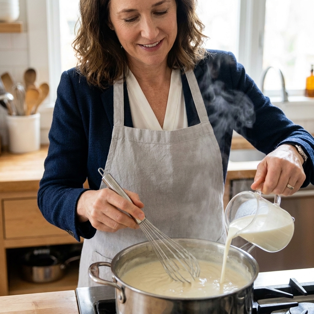 A pot of creamy béchamel sauce being whisked as warm milk is poured in, creating a smooth pale sauce