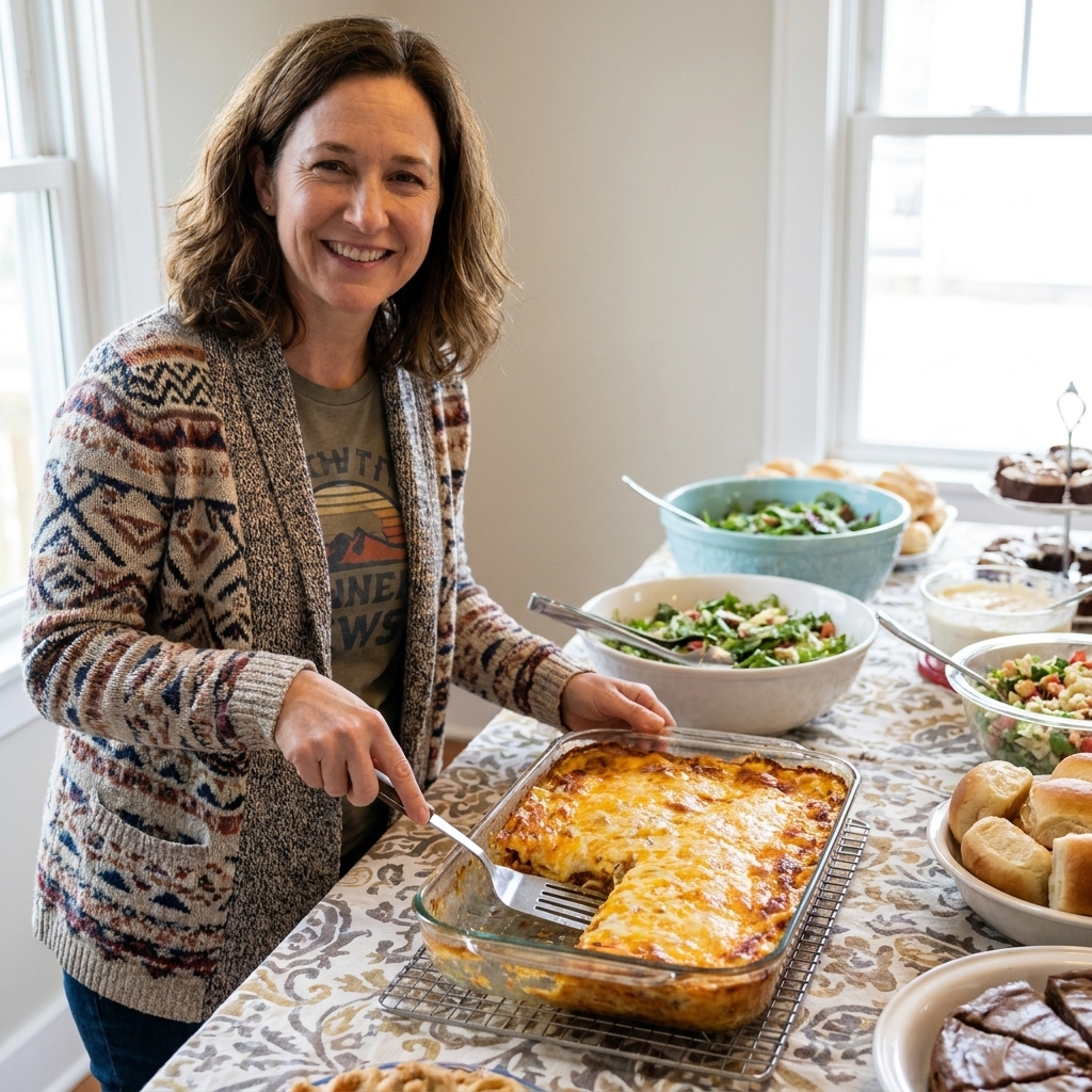 A potluck buffet table with a 9x13 casserole dish on a trivet and a metal spatula resting in the corner opening where one portion has been removed