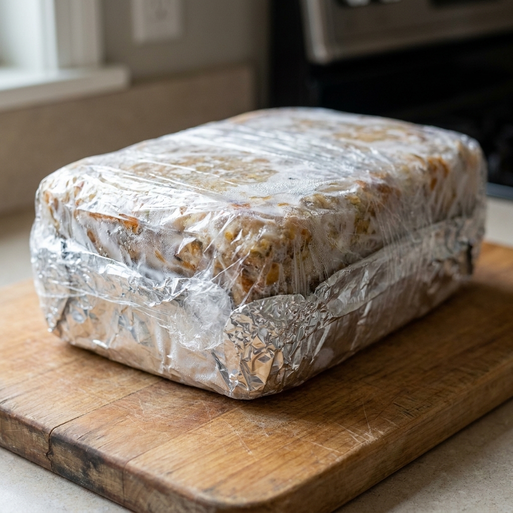 A rectangular frozen casserole block wrapped tightly in aluminum foil and plastic wrap, sitting on a wooden cutting board
