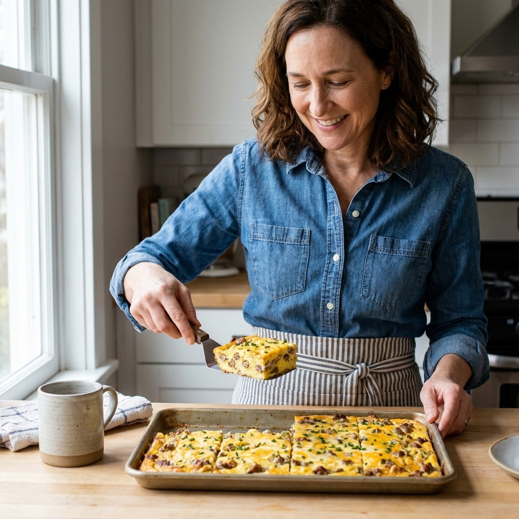 A rimmed half sheet pan filled with baked breakfast casserole cut into squares on a kitchen counter with a spatula nearby