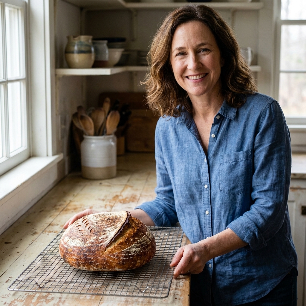 A round artisan sourdough loaf with a deeply browned crust and a scored top resting on a cooling rack