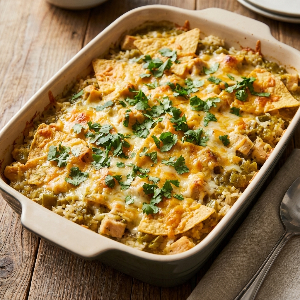 A salsa verde chicken and rice casserole in a 9x13 pan with cilantro scattered on top
