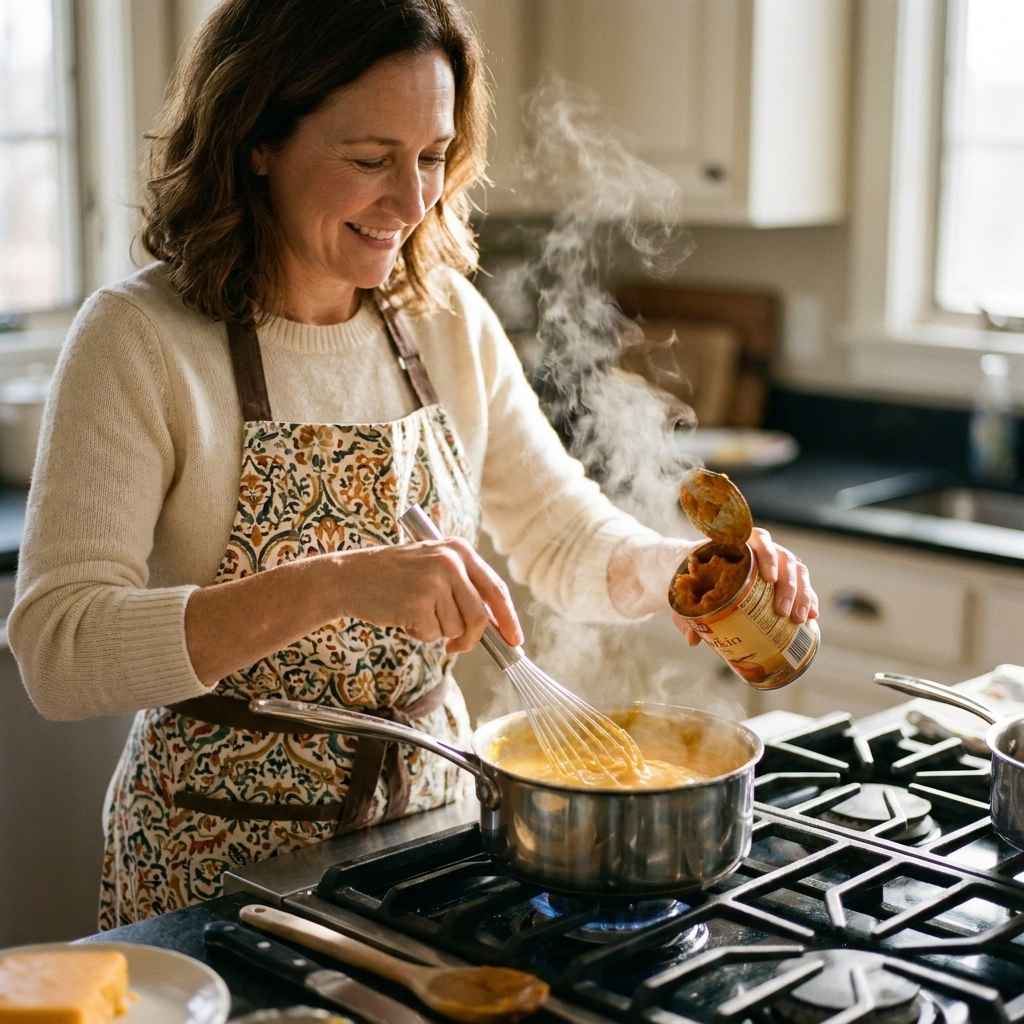 A saucepan of creamy cheddar sauce being whisked with pumpkin puree on a stovetop
