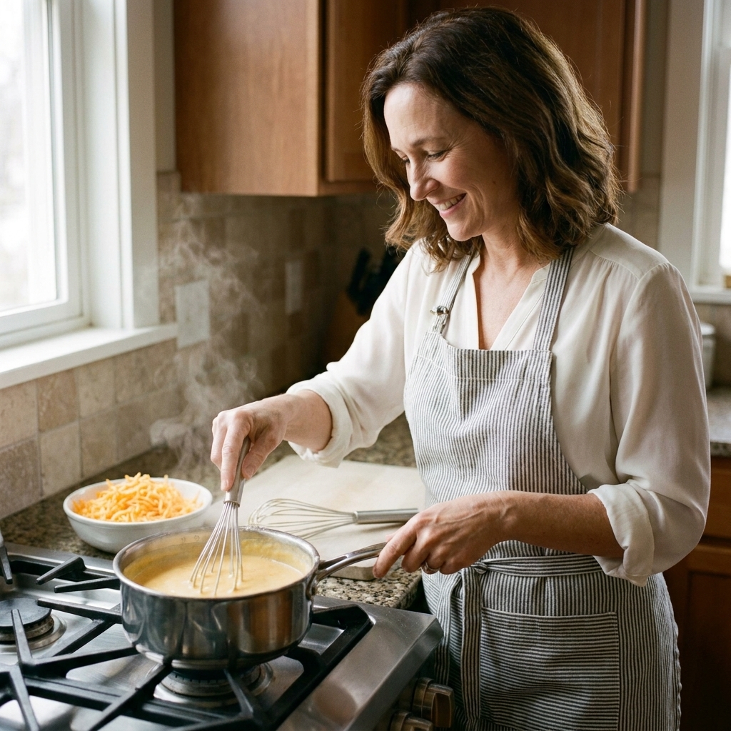 A saucepan of smooth cheddar cheese sauce on a stovetop, with shredded cheese and a whisk resting nearby