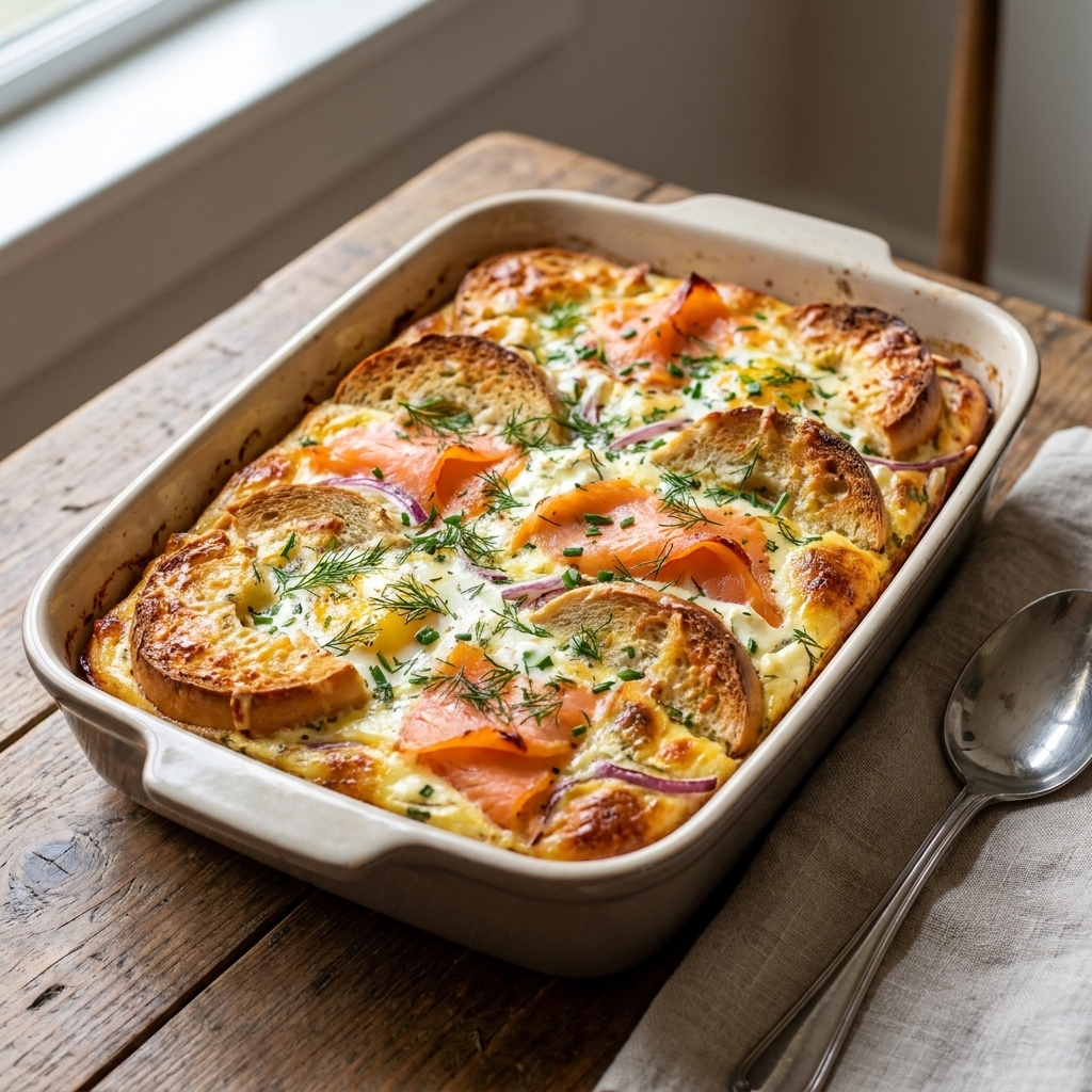 A savory bagel-based breakfast casserole with smoked salmon and herbs, baked in a rectangular dish