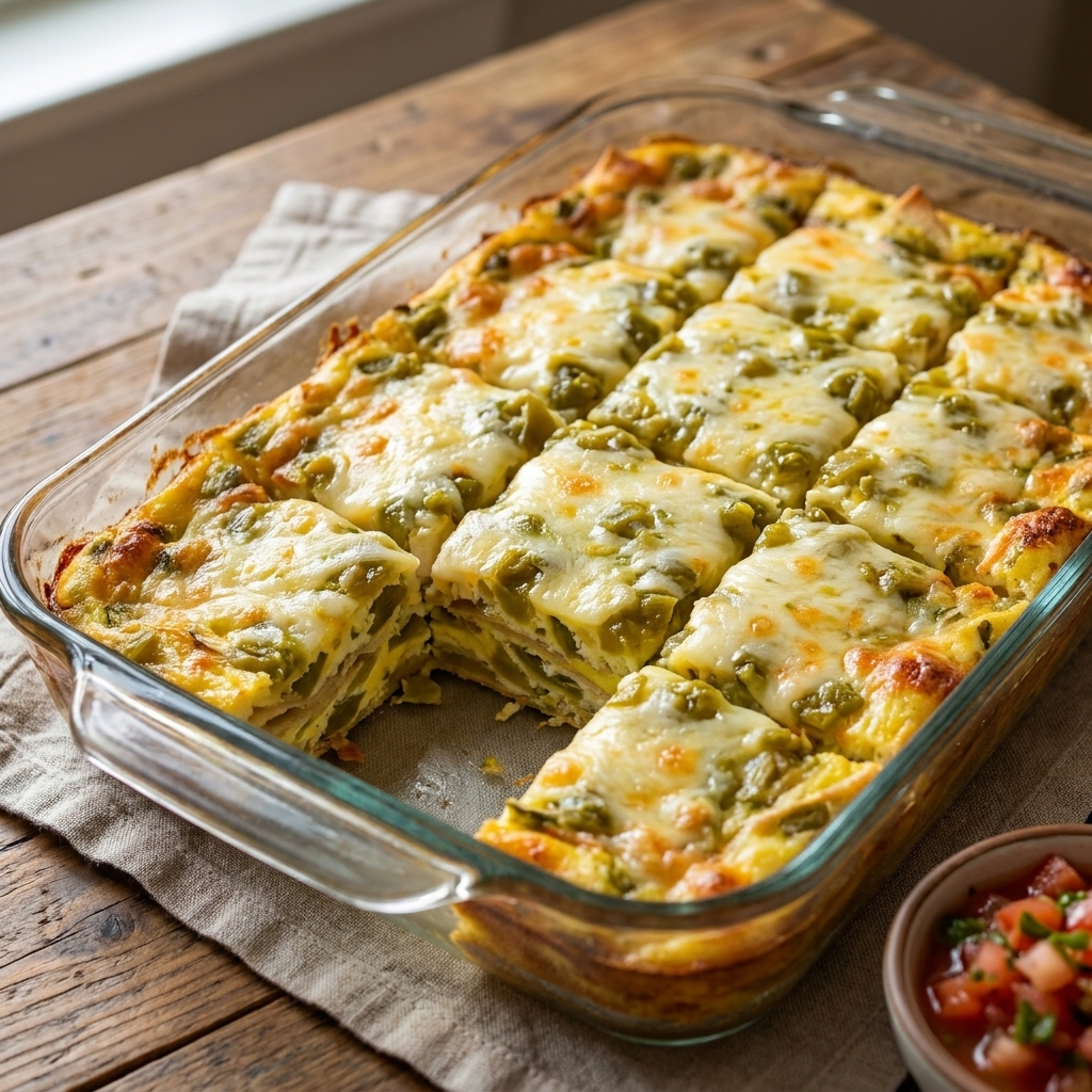 A savory green chile egg casserole with melted cheese on top, sliced into squares in a glass baking dish