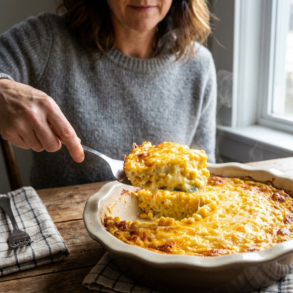 A scoop of cheesy scalloped corn casserole being served from a baking dish, showing a creamy custardy interior