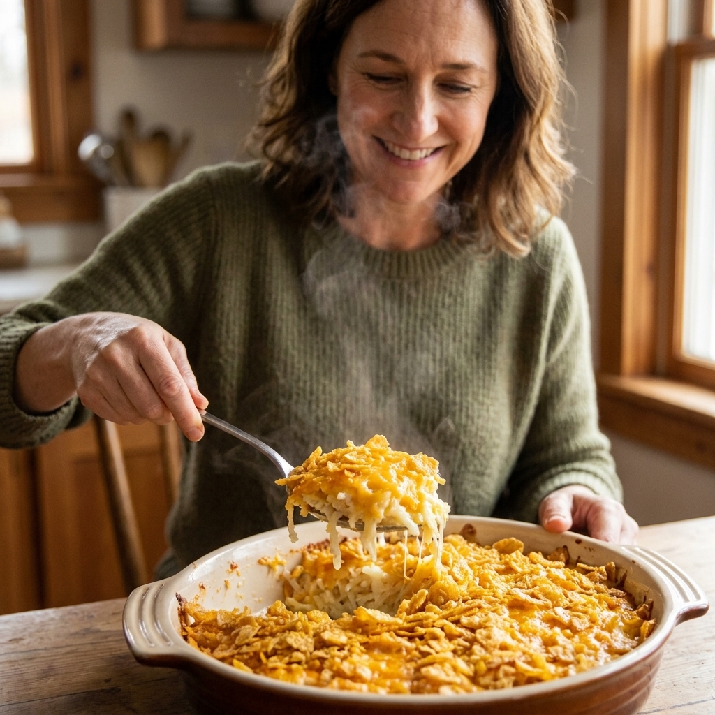 A serving spoon lifting a creamy scoop of cheesy hash brown casserole from a baking dish, showing the crunchy topping and steamy interior