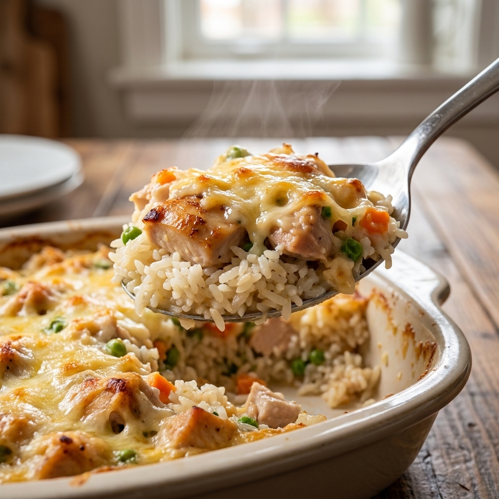 A serving spoon lifting a portion of chicken and rice casserole showing separate fluffy rice grains and tender chicken pieces