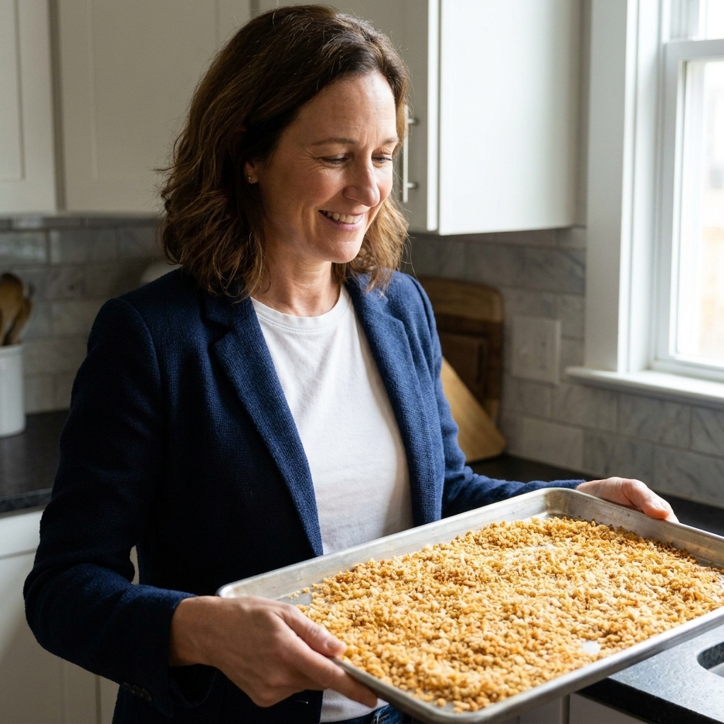 A sheet pan in a kitchen with golden toasted panko breadcrumbs spread out evenly, ready to use as a casserole topping