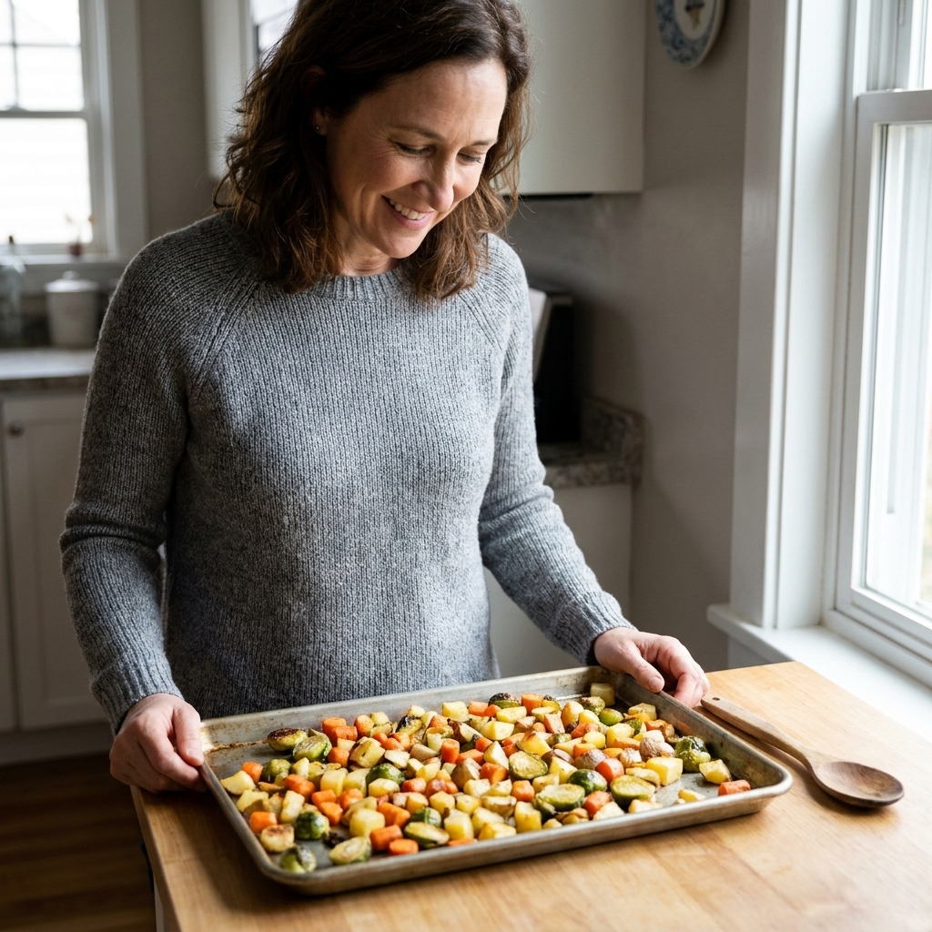 A sheet pan of diced vegetables roasted until lightly browned, sitting on a kitchen counter next to a wooden spoon