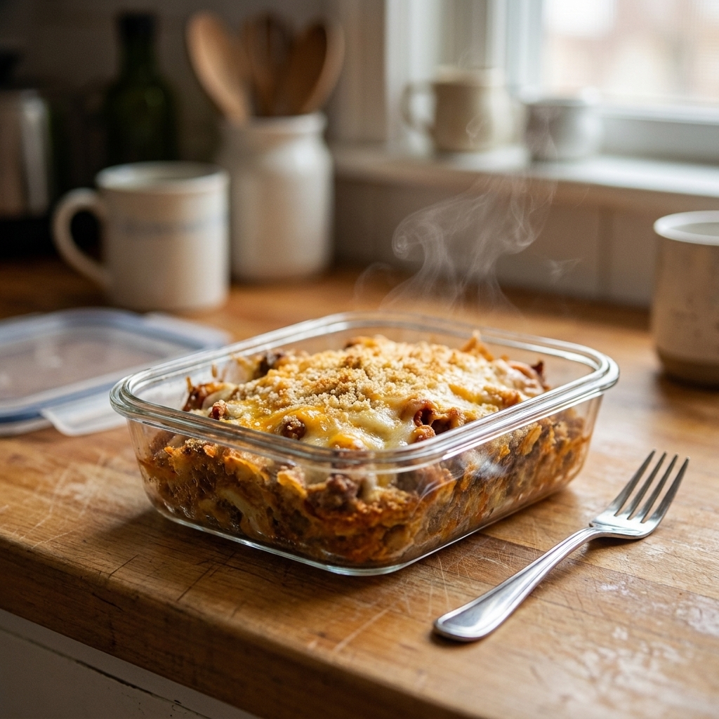 A single reheated casserole portion in a glass lunch container with a fork beside it on a kitchen counter, steam rising gently