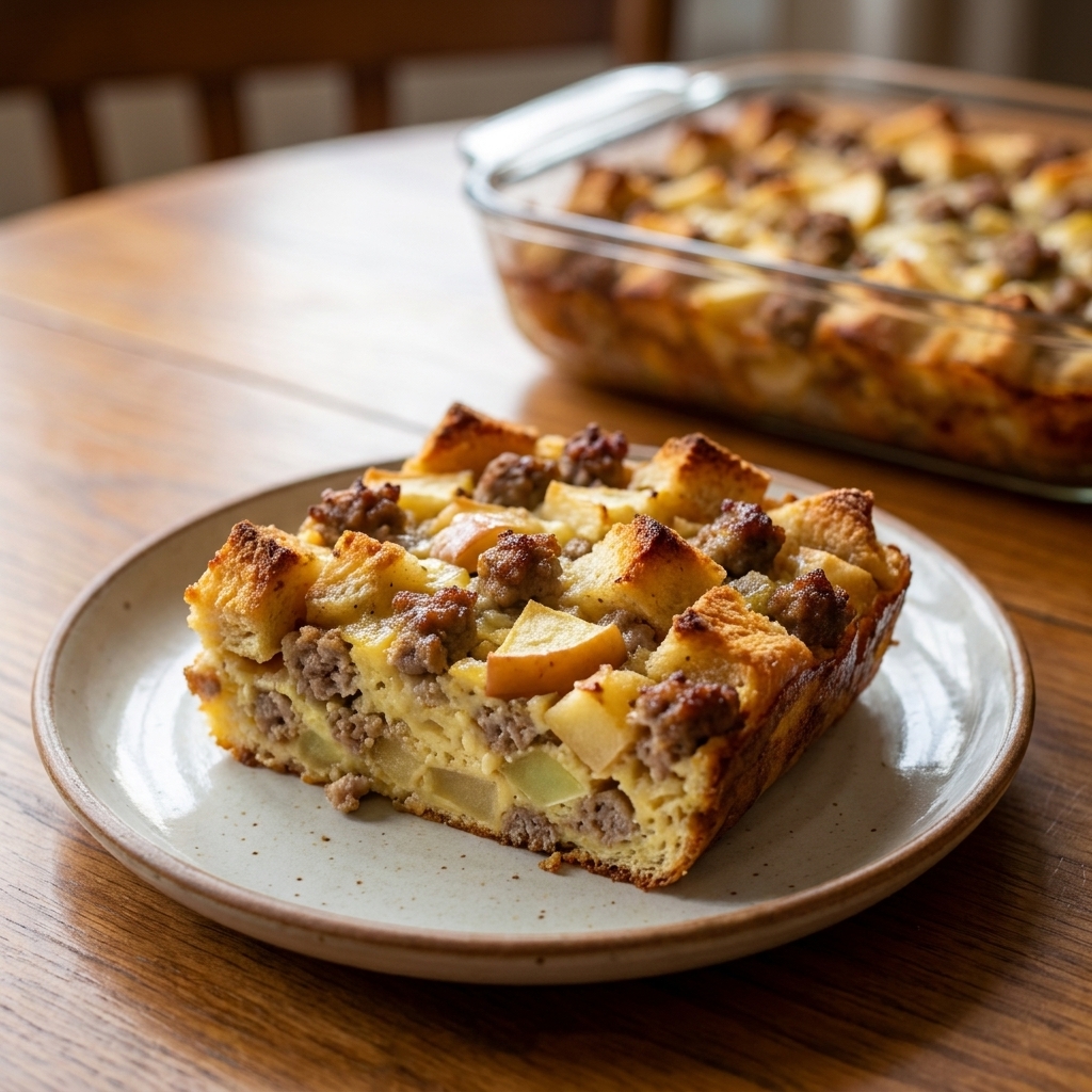 A slice of breakfast casserole on a plate showing browned sausage, tender bread cubes, and bits of apple, with the remaining casserole in a baking dish behind it