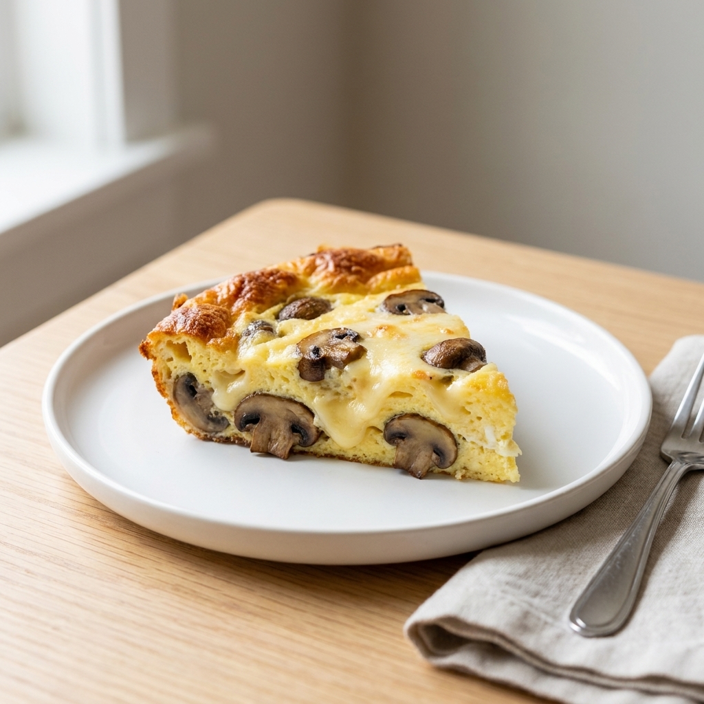 A slice of mushroom and Swiss breakfast casserole on a white plate, showing browned mushrooms and melted Swiss in set eggs