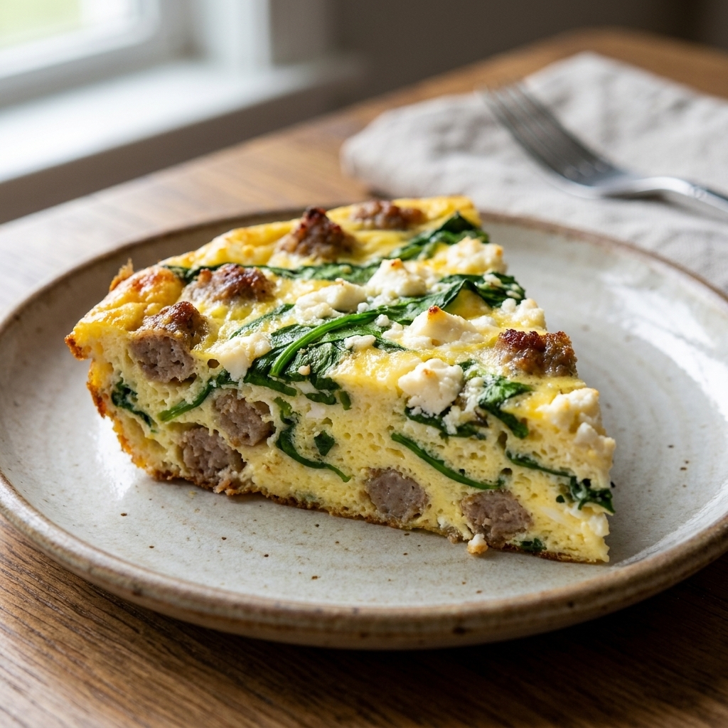 A slice of sausage, spinach, and feta breakfast casserole on a plate, showing green spinach ribbons and crumbled feta in fluffy eggs
