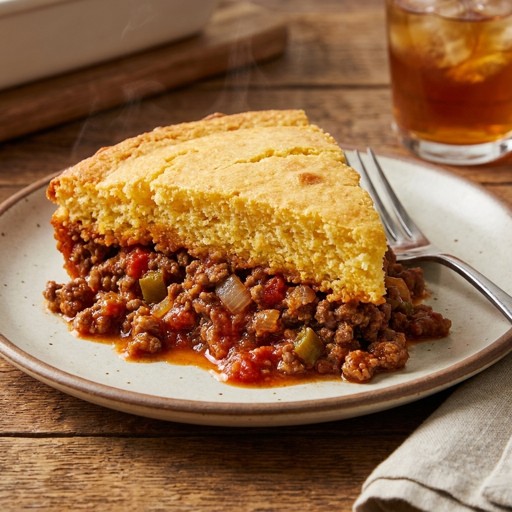 A slice of sloppy joe cornbread casserole on a plate, showing a savory beef layer under a fluffy golden cornbread top