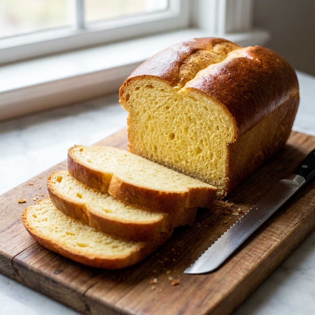 A sliced brioche loaf on a wooden cutting board with a few thick slices fanned out, showing the soft yellow crumb