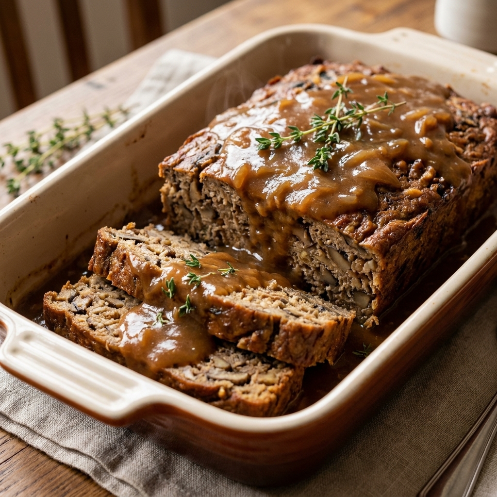 A sliced mushroom and walnut vegetarian loaf-style casserole in a baking dish, topped with glossy onion gravy and fresh thyme