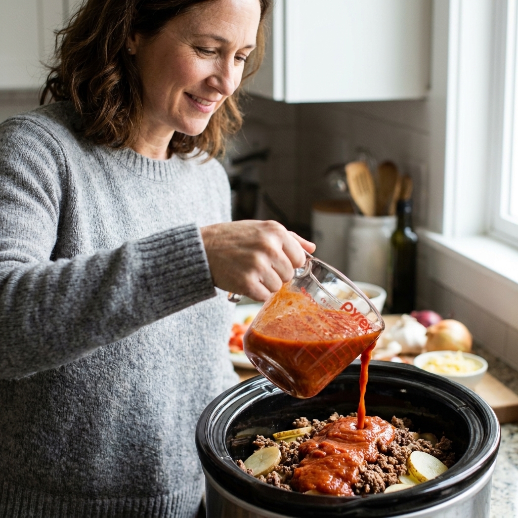 A slow cooker insert being filled in layers with sliced potatoes, browned ground beef, and sauce being poured over the top