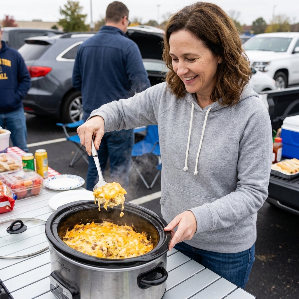 A slow cooker on a tailgate table with the lid lifted to reveal a hot breakfast casserole being served with a large spoon