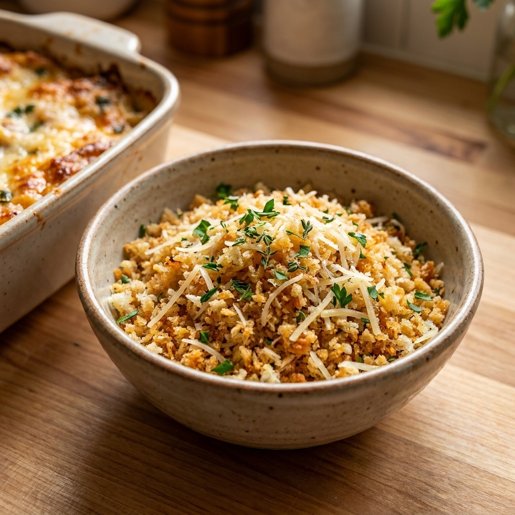 A small bowl of buttery panko breadcrumbs mixed with grated Parmesan and herbs ready to sprinkle over a casserole