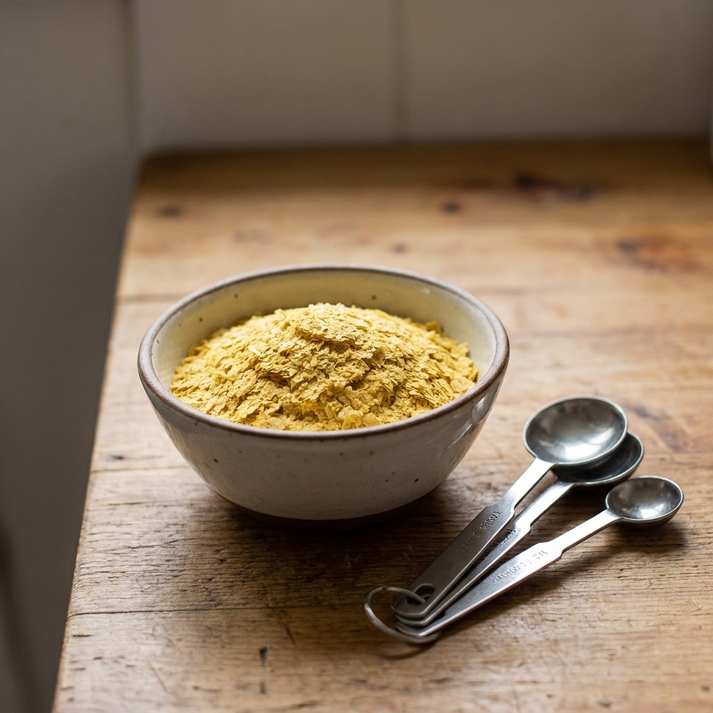 A small bowl of nutritional yeast flakes on a wooden counter beside measuring spoons