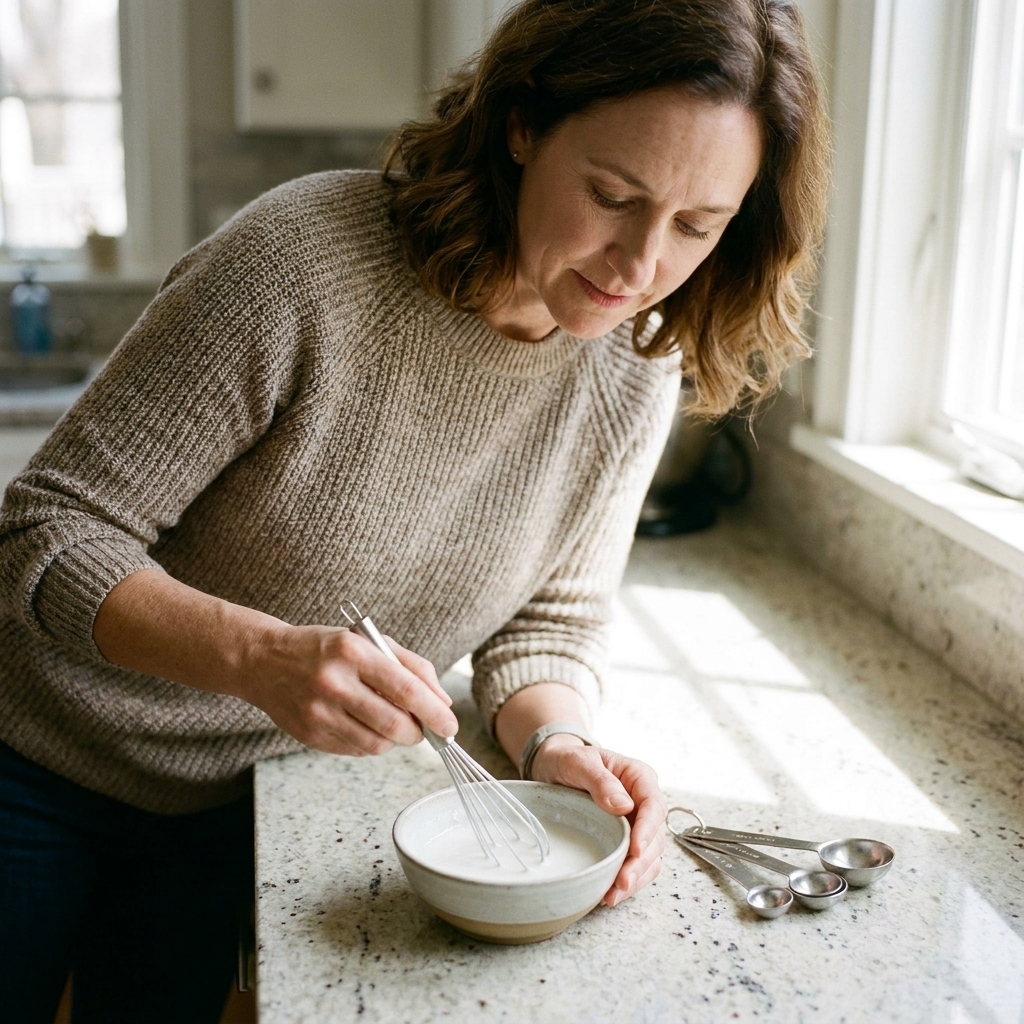 A small bowl on a kitchen counter with cornstarch and water being whisked into a smooth slurry next to measuring spoons
