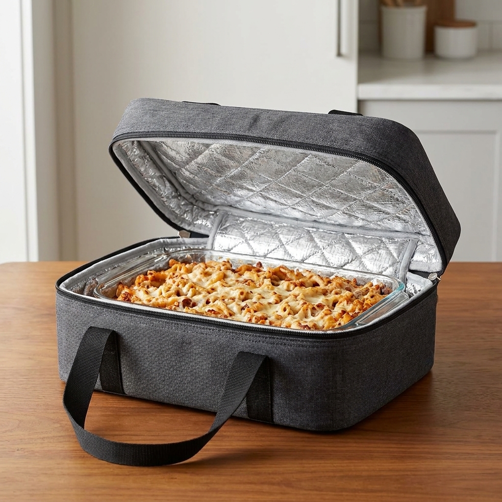 A soft-sided insulated casserole carrier unzipped on a table with a 9x13 dish inside, showing thick insulation and sturdy handles