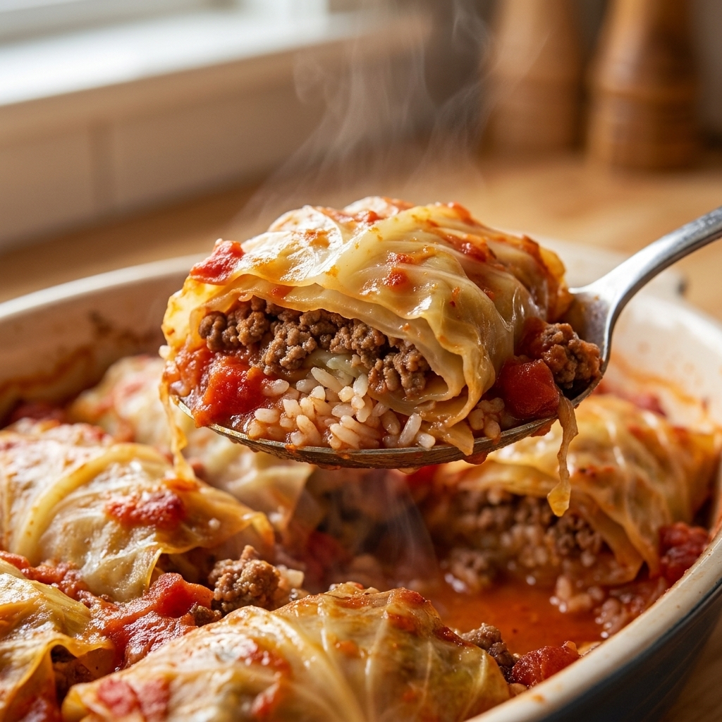 A spoon lifting a serving of cabbage roll casserole with visible layers of tender cabbage, tomato sauce, rice, and ground beef