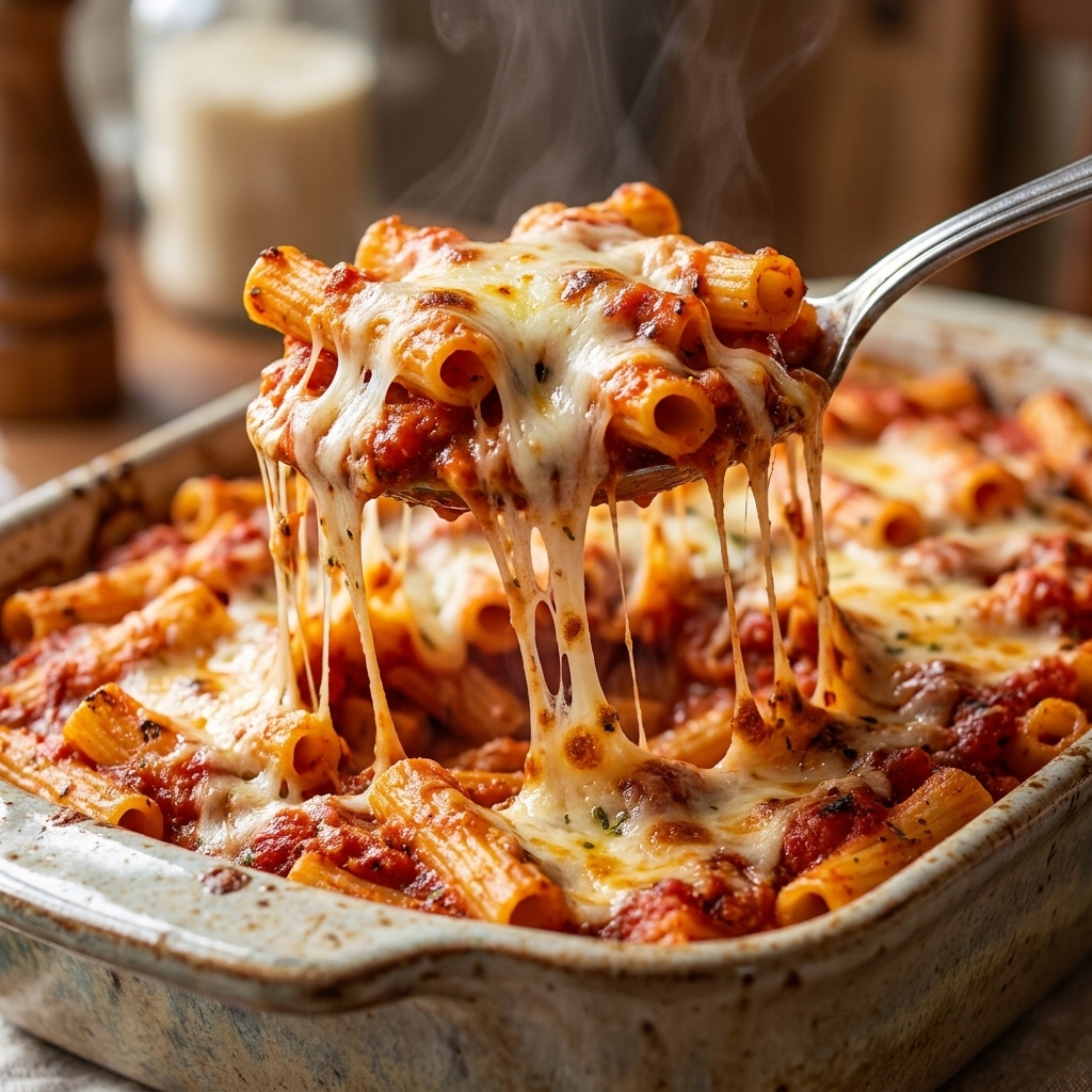 A spoon scooping a serving of saucy baked ziti from a ceramic baking dish, showing pasta coated in tomato sauce with melted cheese stretching
