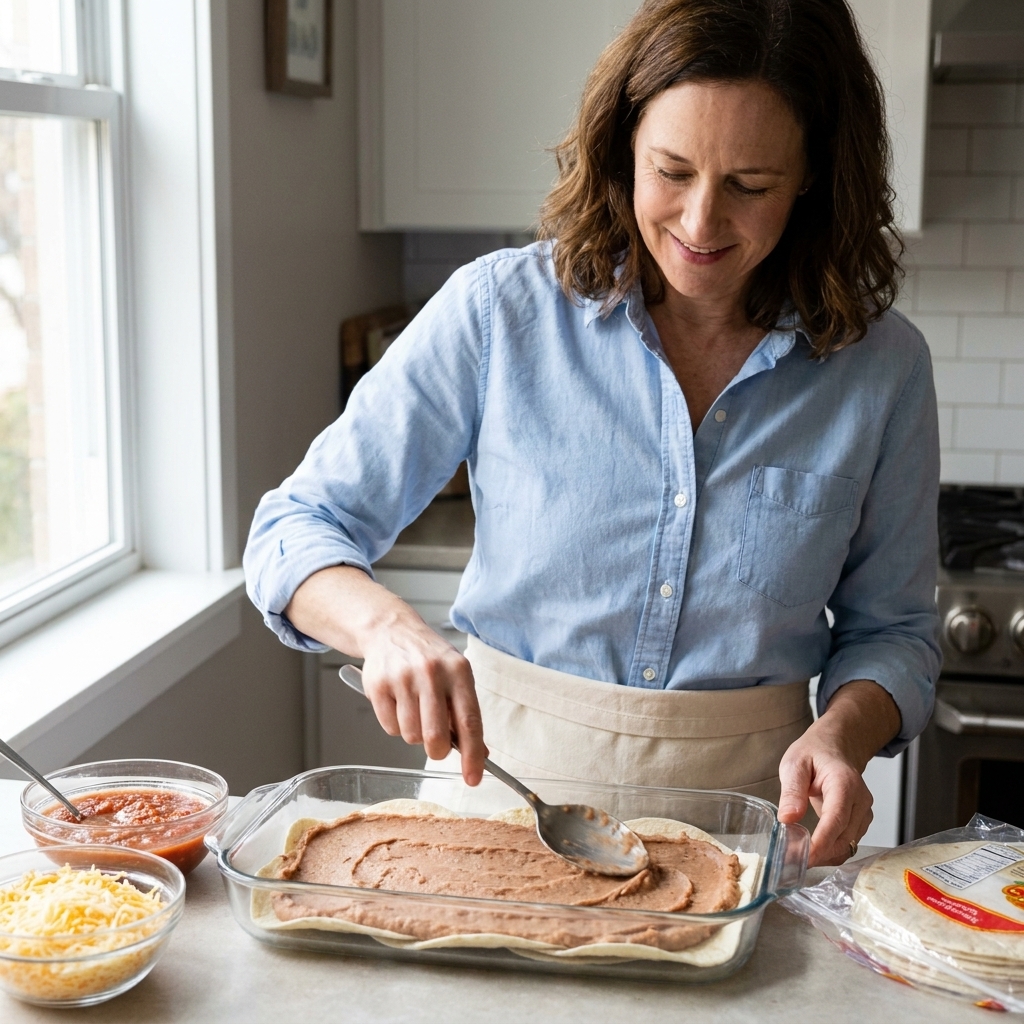 A spoon spreading a smooth layer of refried beans over tortillas in a 9x13 baking dish before adding other fillings