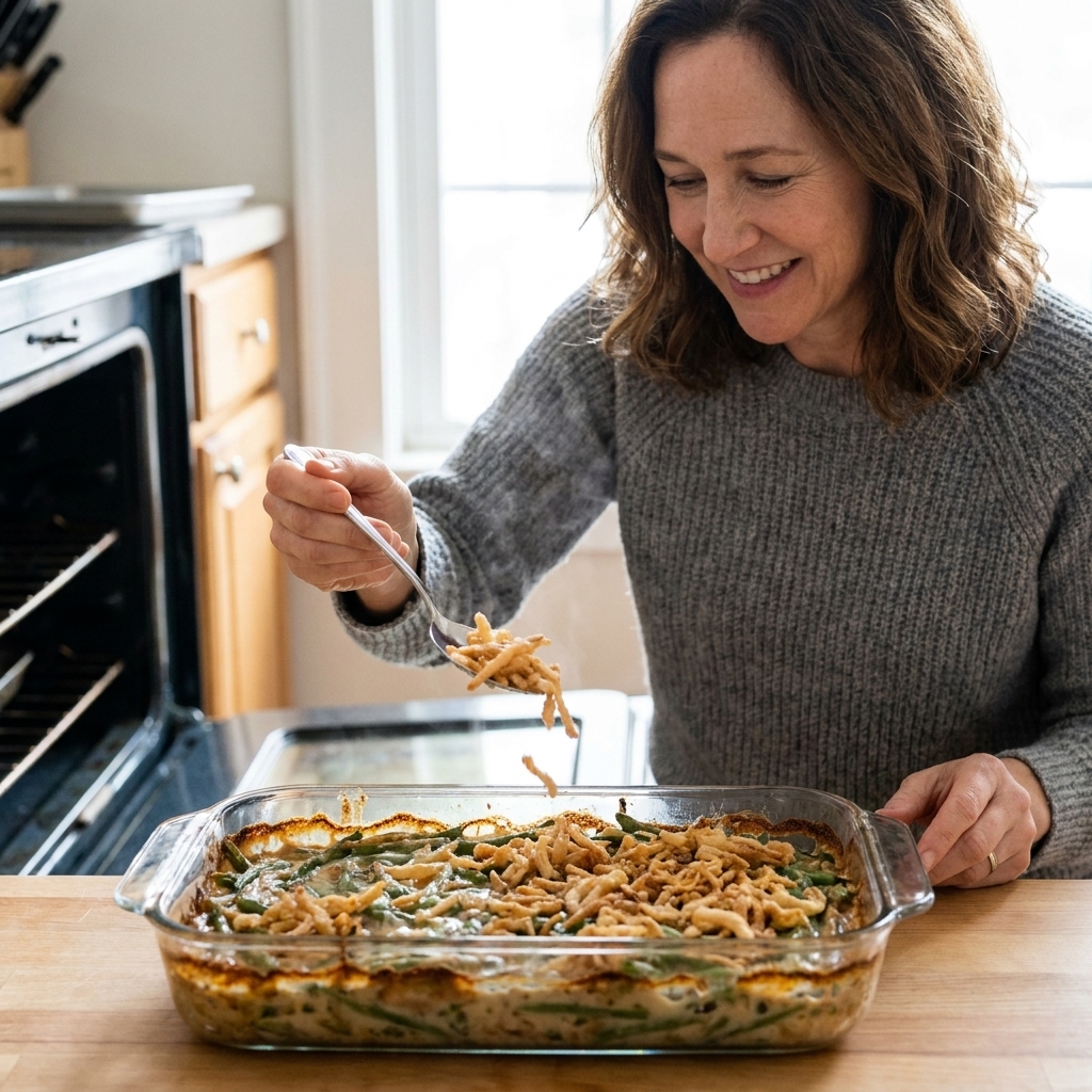 A spoon sprinkling French fried onions over a bubbling green bean casserole in a 9x13 baking dish before going back into the oven